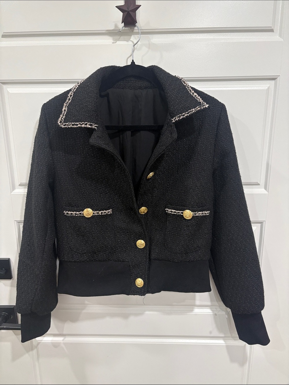Source Unknown Black Bouclé Jacket with Gold Buttons and Contrast Trim
